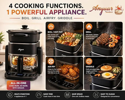 Angaar Korean BBQ Hotpot & Electric Grill, 3-in-1 Tabletop Cooker – 1400W 4.5L Glass Basket, Shabu Shabu, Air Fry & Contact Grill, Ceramic Non-Stick, 60-Min Timer