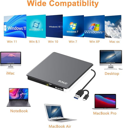 External Blu Ray CD DVD Drive, USB 3.0 Type C Blu ray Burner BD Player Read/Write Portable Bluray Drive Slim Optical Blue Ray CD DVD Reader for Laptop PC Windows 11 MacBook Pro Air Desktop Linux OS