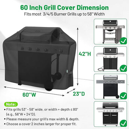 Grill Cover 60 Inch, BBQ Grill Cover for Weber, Char-Broil, Nexgrill Outdoor Grill, Heavy Duty Waterproof Barbecue Gas Grill Cover with Windproof Straps & Handles, Black