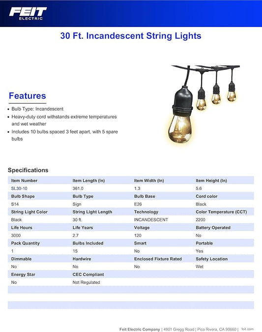 Feit Electric 30ft Outdoor Incandescent String Lights, Warm Amber Glow, Heavy-Duty Weatherproof Cord, Includes 10 Clear Bulbs + 5 Spares, End-to-End Connectable for Patios and Gazebos, SL30-10