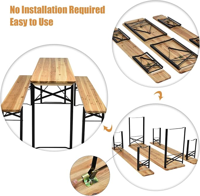 Giantex 70'' 3-Piece Portable Folding Picnic Beer Table with Seating Set Wooden Top Picnic Table for Patio Outdoor Activities Garden Use, 30'' Table Height