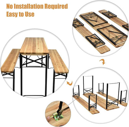 Giantex 70'' 3-Piece Portable Folding Picnic Beer Table with Seating Set Wooden Top Picnic Table for Patio Outdoor Activities Garden Use, 30'' Table Height
