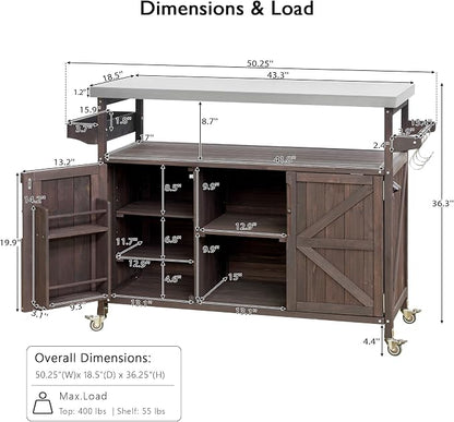 Farmhouse Rolling Solid Wood Grill Cart with Stainless Steel Top | Dark Brown, Outdoor Grill Table with Spice Rack and Towel Rack for Kitchen & BBQ