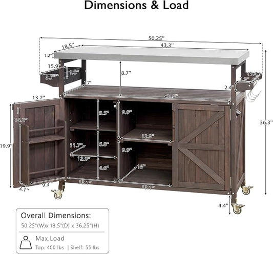 Outdoor Grill Cart with Storage, Rolling Bar Cart and Lockable Wheels, Farmhouse Solid Wood Outdoor Grill Table with Stainless Steel Top, Spice Rack, Towel Rack for Kitchen and BBQ, Dark Brown
