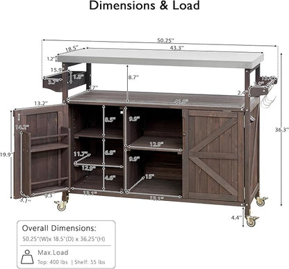 50.25" Outdoor Grill Table with Stainless Steel Top & Storage, Rolling BBQ Prep Cart with Locking Wheels, Patio Kitchen Island with Cabinet for Backyard