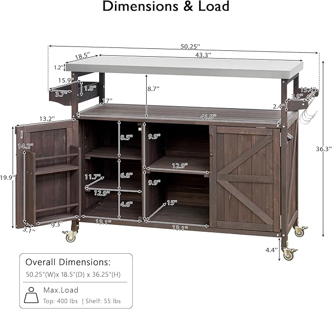 MEETFFAV 50.25" W Grill Cart with Stainless Steel Tabletop, Brown F | Fir Wood Bar Patio Kitchen Island with Ample Storage and Lockable Wheels, Outdoor Storage Cabinet for BBQ Grill