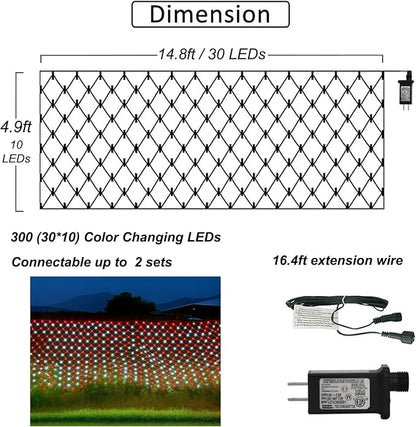 Pooqla Red and White Christmas Net Lights Outdoor, 15x 5ft Green Wire | 300 LED Large Net Mesh Lights Plug in, 8 Modes Waterproof Connectable Bushes Lights for Christmas Hedge Yard Decor