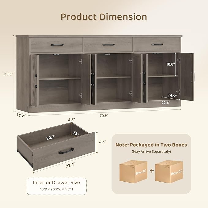 HOSTACK 71" Large Sideboard Buffet Cabinet with Storage, Farmhouse Coffee Bar Cabinet with 3 Drawers, Long Kitchen Buffet Table, Kitchen Sideboard Storage Cabinet for Dining Room, Living Room, Grey