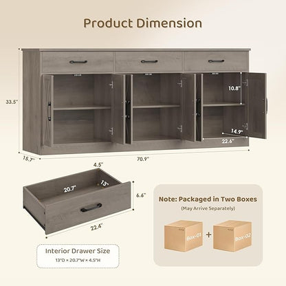 HOSTACK 71" Large Sideboard Buffet Cabinet with Storage, Farmhouse Coffee Bar Cabinet with 3 Drawers, Long Kitchen Buffet Table, Kitchen Sideboard Storage Cabinet for Dining Room, Living Room, Grey