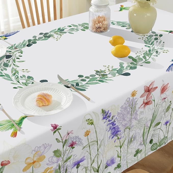 SASTYBALE Spring Summer Tablecloth, 52" x 70" Rectangular Watercolor Wild Flower Birds Plants Decorative Table Cloth Washable Water Resistant Table Cover for Party Picnic Dinner Decor, Colourful