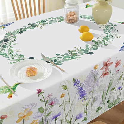 SASTYBALE Spring Summer Tablecloth, 52" x 70" Rectangular Watercolor Wild Flower Birds Plants Decorative Table Cloth Washable Water Resistant Table Cover for Party Picnic Dinner Decor, Colourful