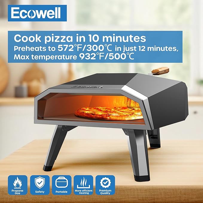 ECOWELL 12" Pizza Oven Outdoor Wood Fired, Outside Pellet Pizza Oven | with Pizza Stone/Peel/Cutter, Infrared Thermometer and Portable Cover, Black