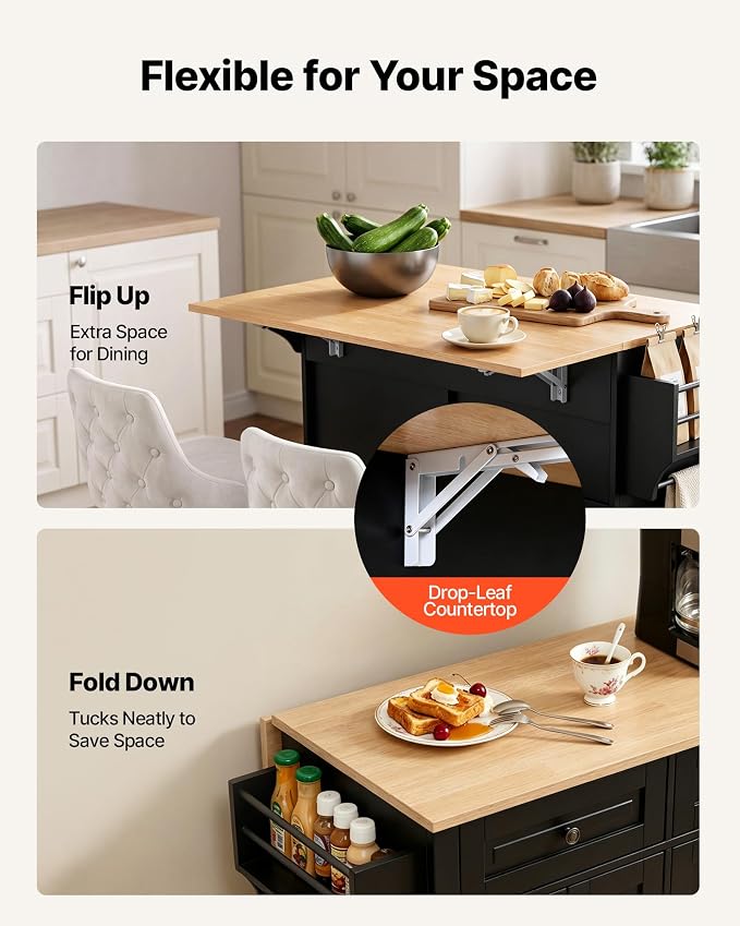VEVOR Kitchen Island Cart with Storage, 43.58 in Wide Mobile Rolling Storage Island on Swivel Wheels, with 2 Drawers, Storage Cabinet, Drop Leaf, Spice/Towel Rack, Table for Home Dining Room, Black | Home Dining Meal Prep Station With Spice Towel Rack ...