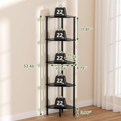 Black Corner Shelf, Industrial 5-Tier Corner Bookshelf, Plant Display Shelf, Free Standing Shelf Storage Organizer, Small Bookcase for Small Spaces, Bedroom, Living Room, Office, Kitchen