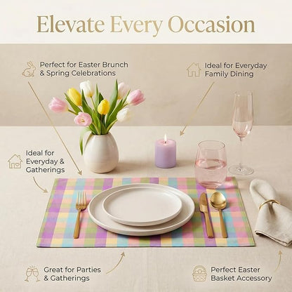 Urban Villa Easter Placemats100% Cotton Fused Table Placemats 14''x 20'' Over Sized Set of 6 Easter Colors Buffalo Check Plaid for Every Day Use Parties Celebrations Heavier Quality