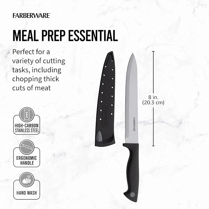 Farberware 8 Inch Slicing Knife with EdgeKeeper Self-Sharpening Sheath, High-Carbon Stainless Steel Blade, Ergonomic Handle for Effortless Meat and Food Prep