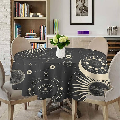 Sun Moon Round Tablecloth Boho Astrology Mystical Celestial Star Crescent Galaxy Space Table Cloth Water Resistant Wipeable Table Cover for Farmhouse Picnic Party Holiday Kitchen Dinner Table 60"