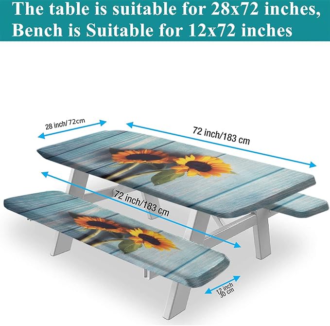 Blue Wood Grain Fitted Picnic Table Cover with Bench Covers, Spring Sunflower Flowers Print Elastic Edge Fitted Table Cover, 3 Pieces Set, 72x28 Inch, Great for Picnic Party Outdoor Patio Use