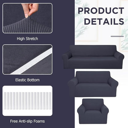 Peryiter 3 Pcs Couch and Loveseat Sofa Covers,Dark Gray,Fleece | Armchair Covers for Living Room, Sofa Cushion Slipcover, Furniture Protector, Polyester and Spandex, Washable