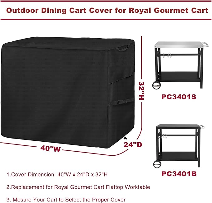 Outdoor Dining Cart Cover for Royal Gourmet Cart Flattop Worktable PC3401S PC3401B, for 40 inch Outdoor Utility Cart, 600D Outdoor Waterproof Weather Resistant Cover
