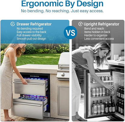 24 Inch Outdoor Drawer Refrigerator, 154 Cans Drawer Beverage Fridge, Freestanding or Built-In Outdoor Beverage Refrigerator with Stainless Steel Drawers for Kitchen, Patio, Home Bar