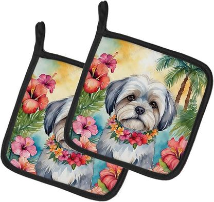 Caroline's Treasures Lhasa Apso Luau Pair of Pot Holders Kitchen Heat Resistant Pot Holders Sets Oven Hot Pads for Cooking Baking BBQ, 7 1/2 x 7 1/2