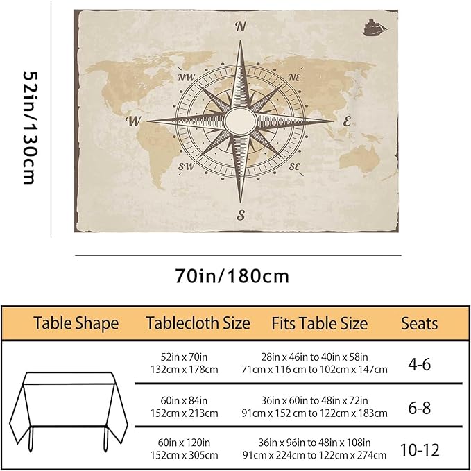 TKS MITLAN Compass Decorative Rectangle Tablecloth Old World Map Nautical Compass Polyester Table Cloths Kitchen Table Cover for Dining BBQ Picnic Coffee Table 52 x 70 Inch 4-6 Seats