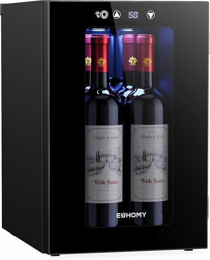 EUHOMY 18L Freestanding Counter-top Wine Fridge Mini Fridge, 4 Bottle and 6 Can Wine Cooler for Red White Wine, Wine Cellar with LED Digital Temperature Display Quiet, Black