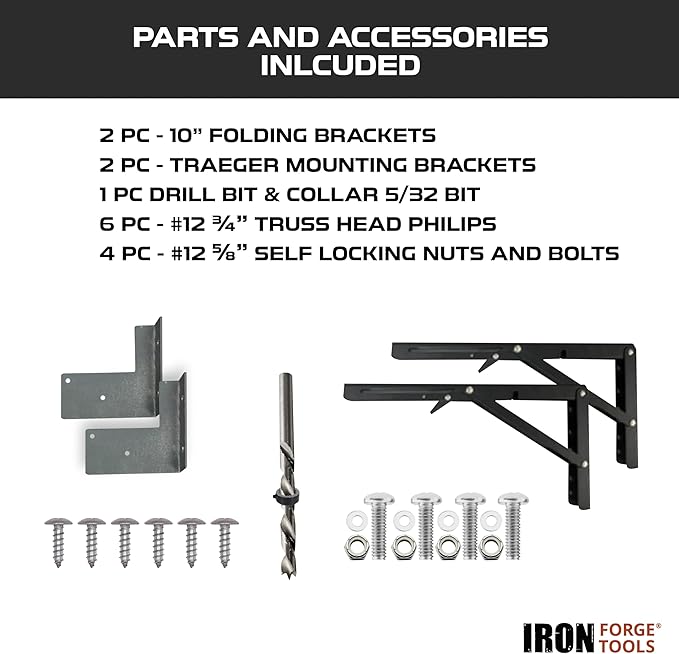 Iron Forge Tools 26x12 Composite Folding Grill Shelf Accessory - Pellet Smoker Barbeque Charcoal Grill Accessories - Compatible with Traeger Pro, Ironwood Texas Elite, Eastwood