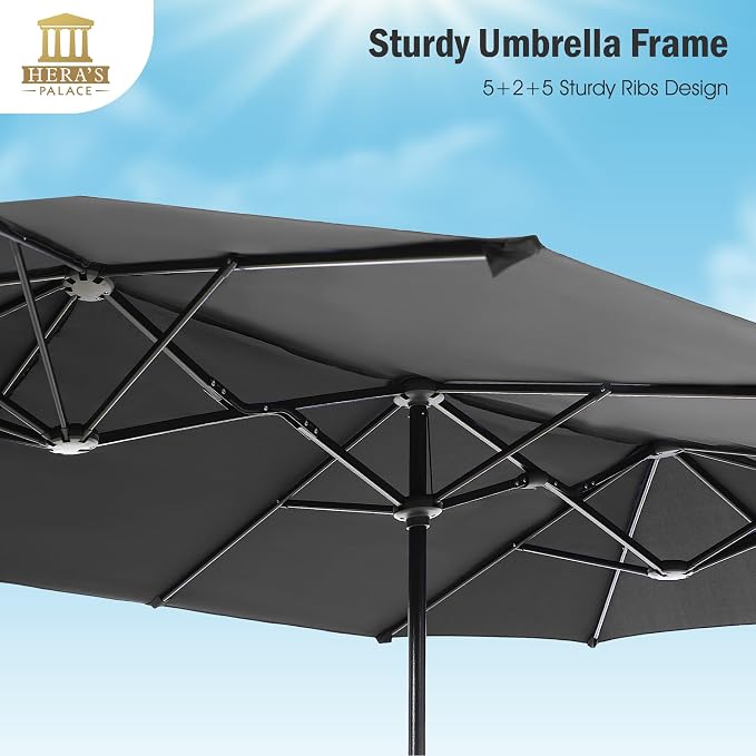 HERA'S PALACE 13 ft Large Double-Sided Twin Patio Umbrella, Outdoor Market Umbrella with Crank Handle, Powerful UV Protective, Smoky Gray