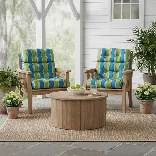 Outdoor Tufted High-Back Chair Cushions, One-Piece Hinged Seat and Back Design, Reversible with 4 Ties, Durable Polyester Fabric, Recycled Fiber Fill - Set of 2, Cayman Stripe