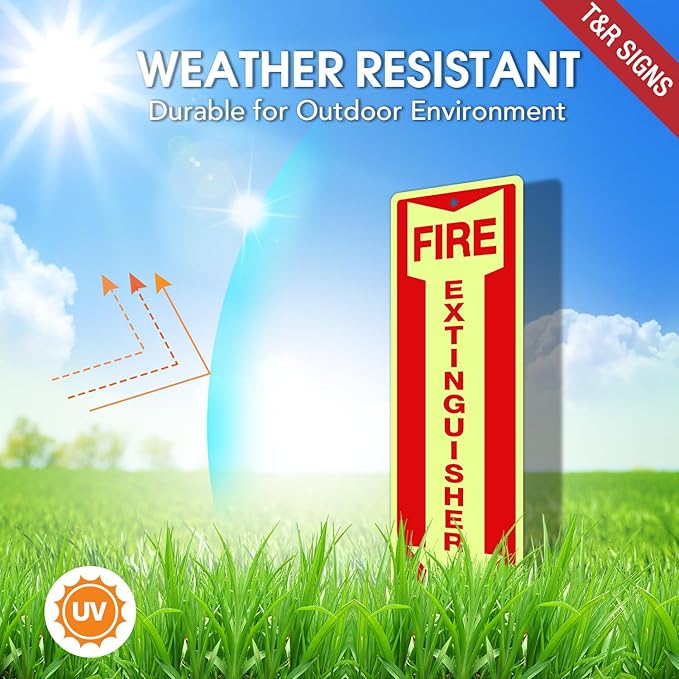 T&R Fire Extinguisher Metal Sign - 12 Pack - 12"x4" .040 Rust Free Heavy Aluminum Glow-In-The-Dark, Waterproof, Weatherproof and Fade Resistant, 2 pre-drilled holes, Easy to Install Indoors and Outdoors