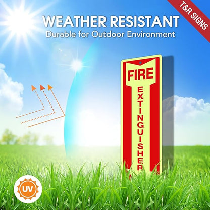 T&R Fire Extinguisher Metal Sign - 4 Pack - 12"x4" .040 Rust Free Heavy Aluminum Glow-In-The-Dark, Waterproof, Weatherproof and Fade Resistant, 2 pre-drilled holes, Easy to Install Indoors and Outdoors