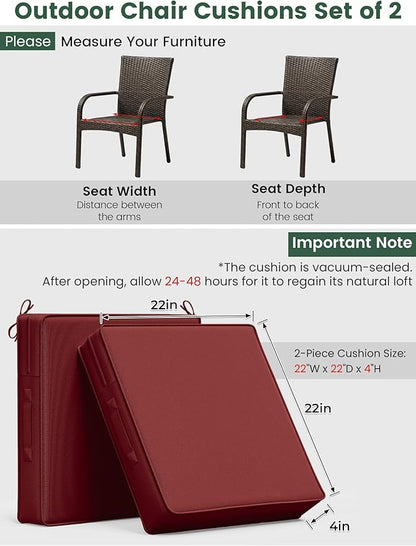 Outdoor Chair Cushion 22 x 22 x 4 Inches Patio Furniture Outdoor Waterproof Seat Cushion, Patio Chair Cushion with Handles and Ties, Square Dining Chair Cushion Set of 2, Burgundy
