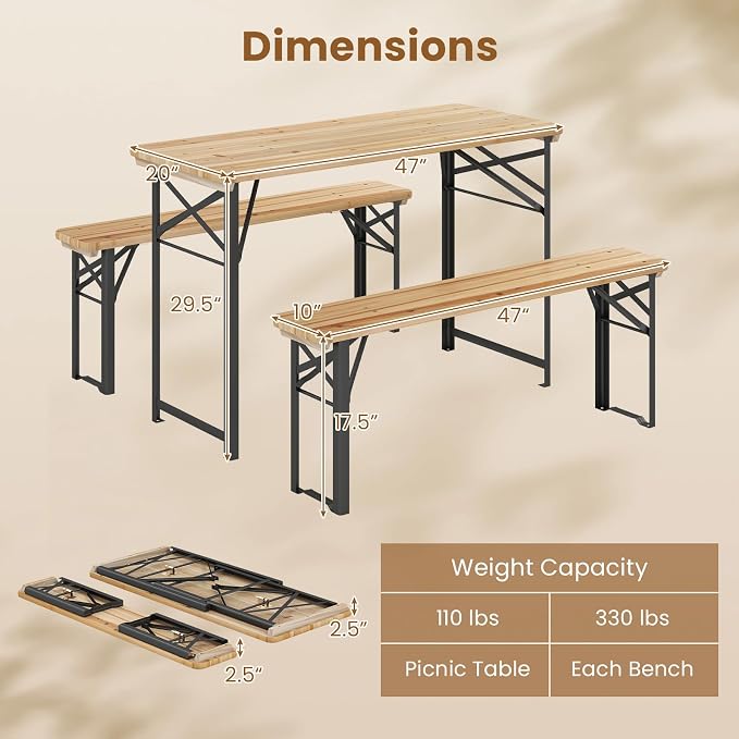 GIANTEX 47 Inch Folding Picnic Tables with Benches Set, Solid Wood Camping Beer Table Bench Set with Metal Frame, 3-Piece Portable Patio Dining Furniture, Indoor & Outdoor Folding Table and Chairs