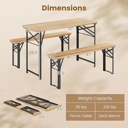 GIANTEX 47 Inch Folding Picnic Tables with Benches Set, Solid Wood Camping Beer Table Bench Set with Metal Frame, 3-Piece Portable Patio Dining Furniture, Indoor & Outdoor Folding Table and Chairs