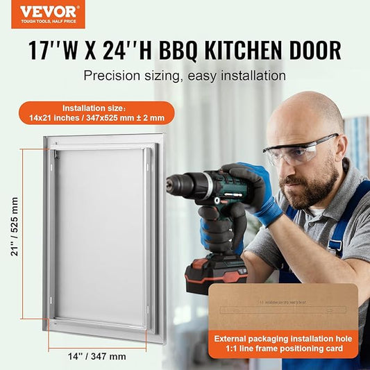 VEVOR BBQ Access Door, 17W x 24H Inch Single Outdoor Kitchen Door, Stainless Steel Flush Mount Door, Wall Vertical Door with Recessed Handle, for BBQ Island, Grilling Station, Outside Cabinet