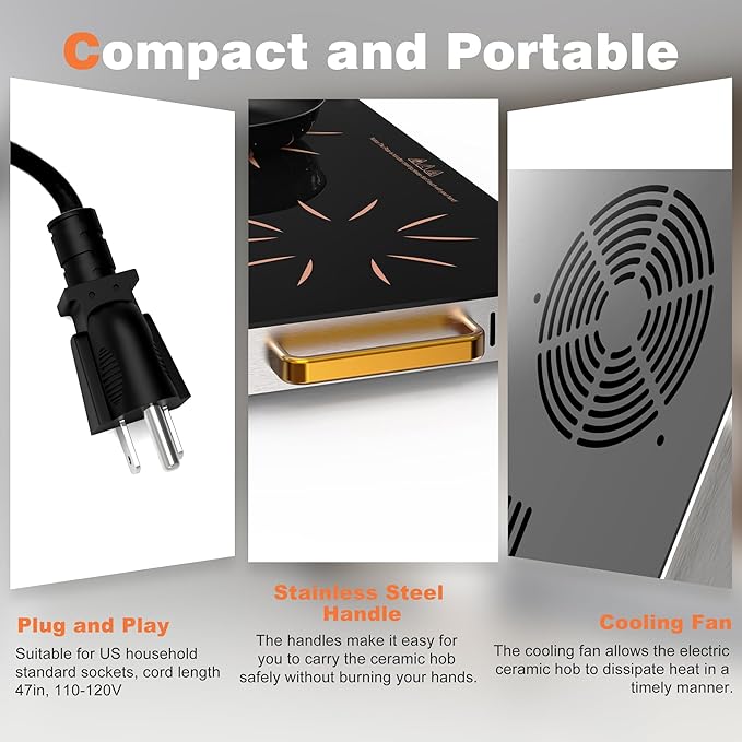 2 Burner Electric Cooktop - 24 Inch Portable Electric Stovetop 110V, 2000W Countertop Tow Burner Ceramic Cooktop with LCD Control Panel, Child Lock, Timer, Knob Control with Plug (Golden)