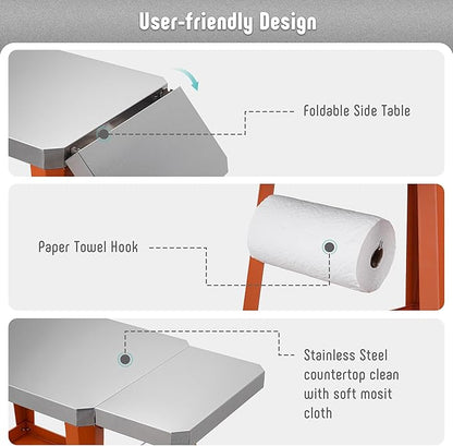 Feasto Movable Outdoor Grill Table Cart, Pizza Oven Stand with Wheels, Stainless Steel Countertop with Foldable Extension Table, Versatile Food Prep Grill Cart for Outdoor BBQ Cooking