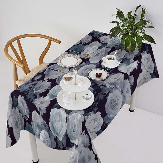 Vintage Florals Tablecloth, Gothic Black Garden Peonies Flowers Rustic Roses Boho Botanical Plant Water Resistant Wipeable Table Cover for Picnic Party Holiday Kitchen Dinner Table 60"x110"