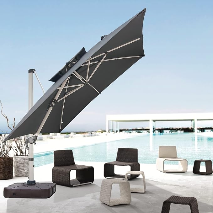 Cantilever Patio Umbrella with Cross Base and Cover Included - 360° Rotation Large Heavy Duty Offset Outdoor Umbrella with Easy Tilt for Pool Backyard Deck Garden (10x10 FT Grey)