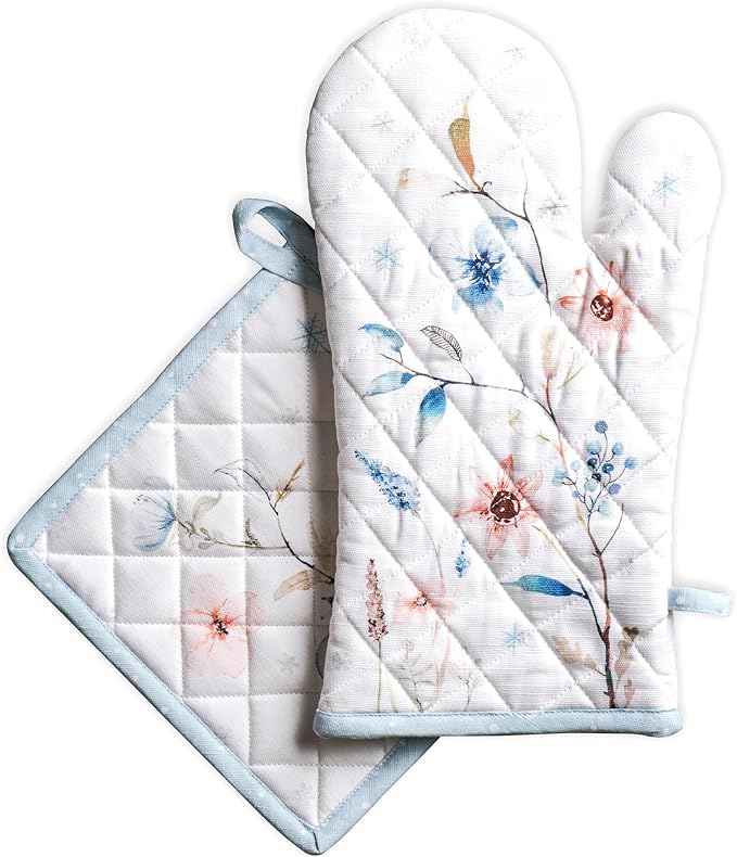 Maison d' Hermine 100% Cotton Oven Mitt & Pot Holder Set (7.5"x13" & 8"x8") | Heat Resistant BBQ Cooking Gloves with Loop Baking Grilling Kitchen Hotel Home Farmhouse Thanksgiving Christmas - Ice Florals