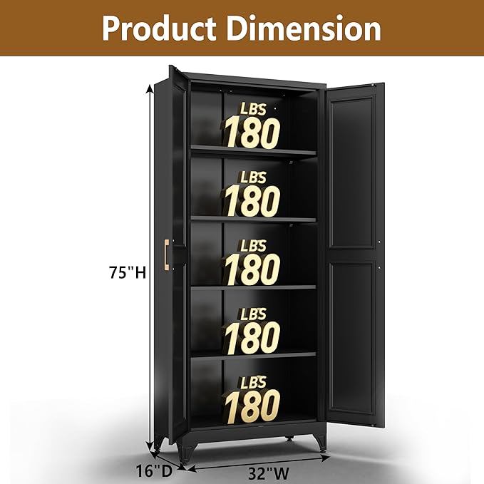 Polup Kitchen Pantry Cabinet, 75" H Metal Storage Cabinet with Doors and Shelves, 4 Standing Feet, Cupboard for Kitchen, Dining, Living Room, 16" D x 32" W x 75" H, Black, Assembly Required