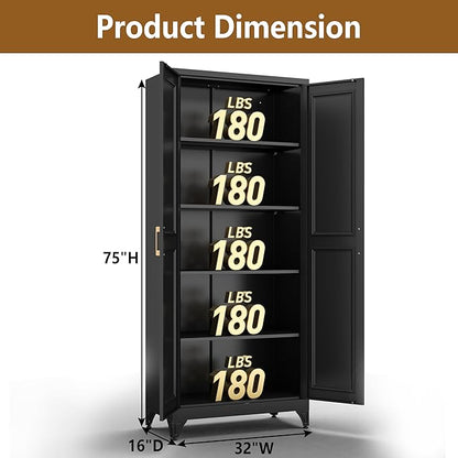 Polup Kitchen Pantry Cabinet, 75" H Metal Storage Cabinet with Doors and Shelves, 4 Standing Feet, Cupboard for Kitchen, Dining, Living Room, 16" D x 32" W x 75" H, Black, Assembly Required