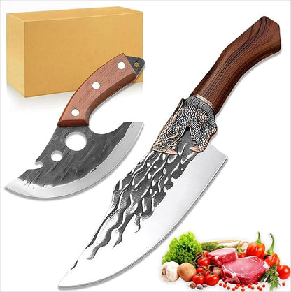 Butcher Cleaver Knife Set with Leather Sheath,2 PCS Razor Sharp Chef Knife Japanese HC Stainless Steel and Viking Knife, Chopper Butcher Meat Knife for Home Cooking Outdoor BBQ Camping Gift Idea
