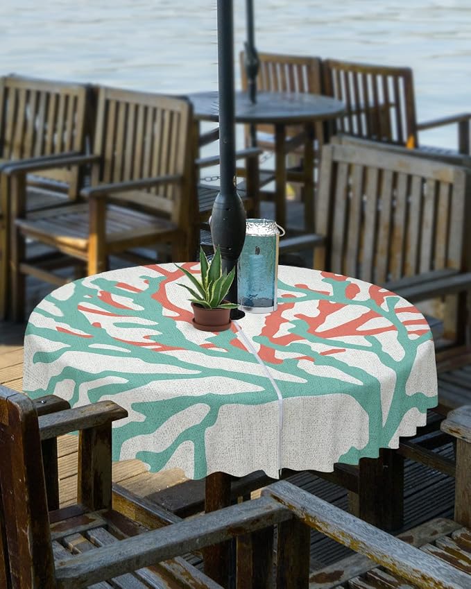 Teal Red Coral Outdoor Tablecloth - 54 Inch Round Dining Table Cover, Summer Ocean Nautical Coastal Rustic Burlap Waterproof Outdoor Table Cloth with Umbrella Hole & Zipper for Picnic/Patio/Party