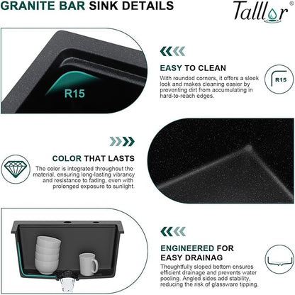 21 Inch Drop In Bar Sink - Matte Black Granite Composite Workstation Single Bowl Small Prep Wet Sink with All-In One Gold Accessories & Cutting Board for RV, Kitchen Bar, and Boat#TLGT-130