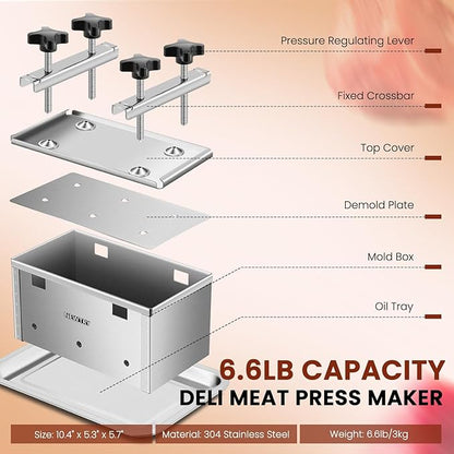 NEWTRY Deli Meat Press Tool 6.6LB Capacity Tofu Press Maker 304 Stainless Steel for Tofu Pork Beef Bacon Homemade Deli Meat with Press Handle