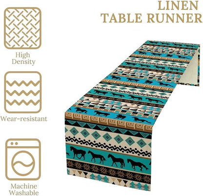 Aztec Horse Print Table Runner, Spring Summer Seasonal Holiday Kitchen Dining Table Decoration for Indoor Outdoor Home Party 13x108 Inch
