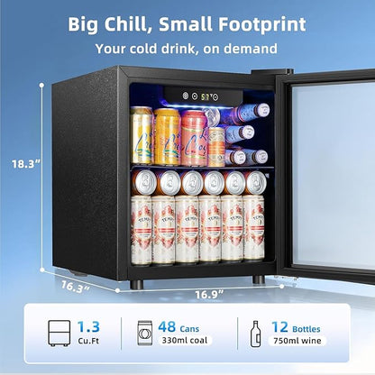 Antarctic Star 48 Can Mini Beverage Refrigerator, 1.3 Cu.Ft Compact Drink Cooler with Glass Door, Adjustable Temp 40-61°F, Quiet Freestanding Wine & Soda Cooler for Home Office Dorm, LED Lit